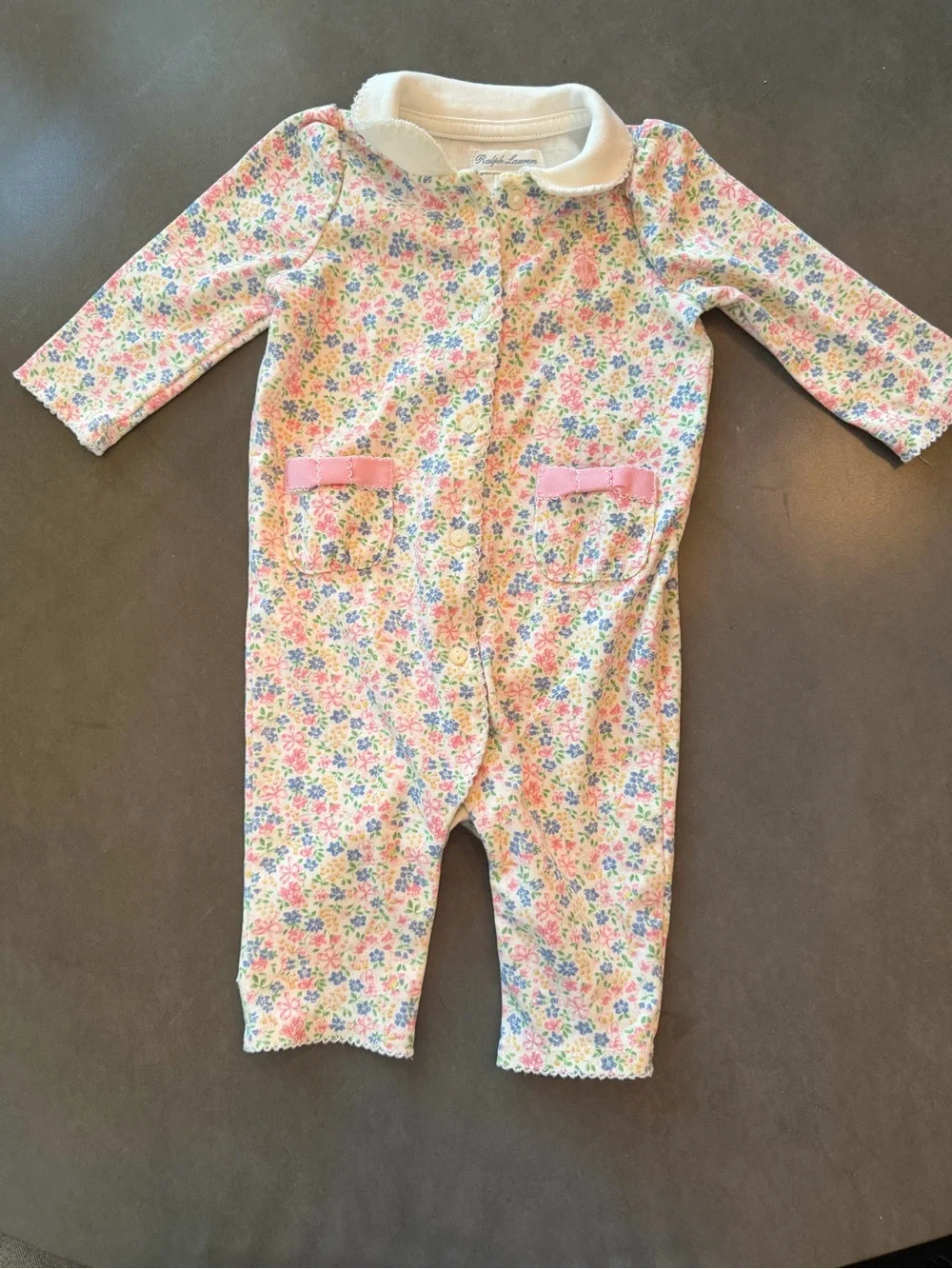 Ralph Lauren Baby Floral Collared Pink & Blue Long-Sleeve One-Piece